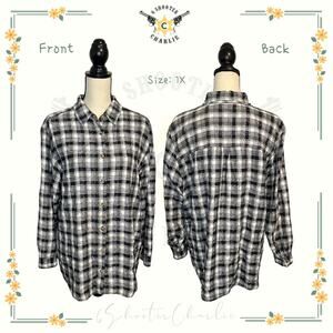 Vintage VJ Woman Cotton Button Up Top Black Plaid Metallic Thread Plus Size 1X